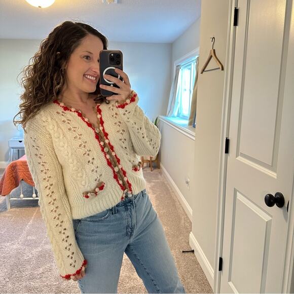 Maje White Red Brown Eyelet Alpaca Wool Cardigan Sweater 2 Medium - Picture 5 of 15